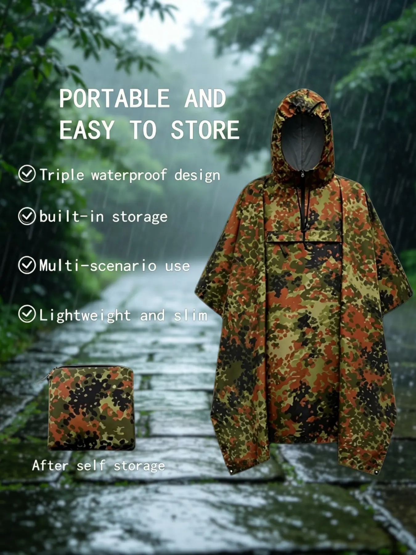Three-in-one raincoat, combining a cloak, awning, and floor mat, a versatile rain shelter. Breathable hiking raincoat, suitable for outdoor activities, mountaineering, and hunting. Jungle boat emergency waterproof rain shelter, an essential item for field