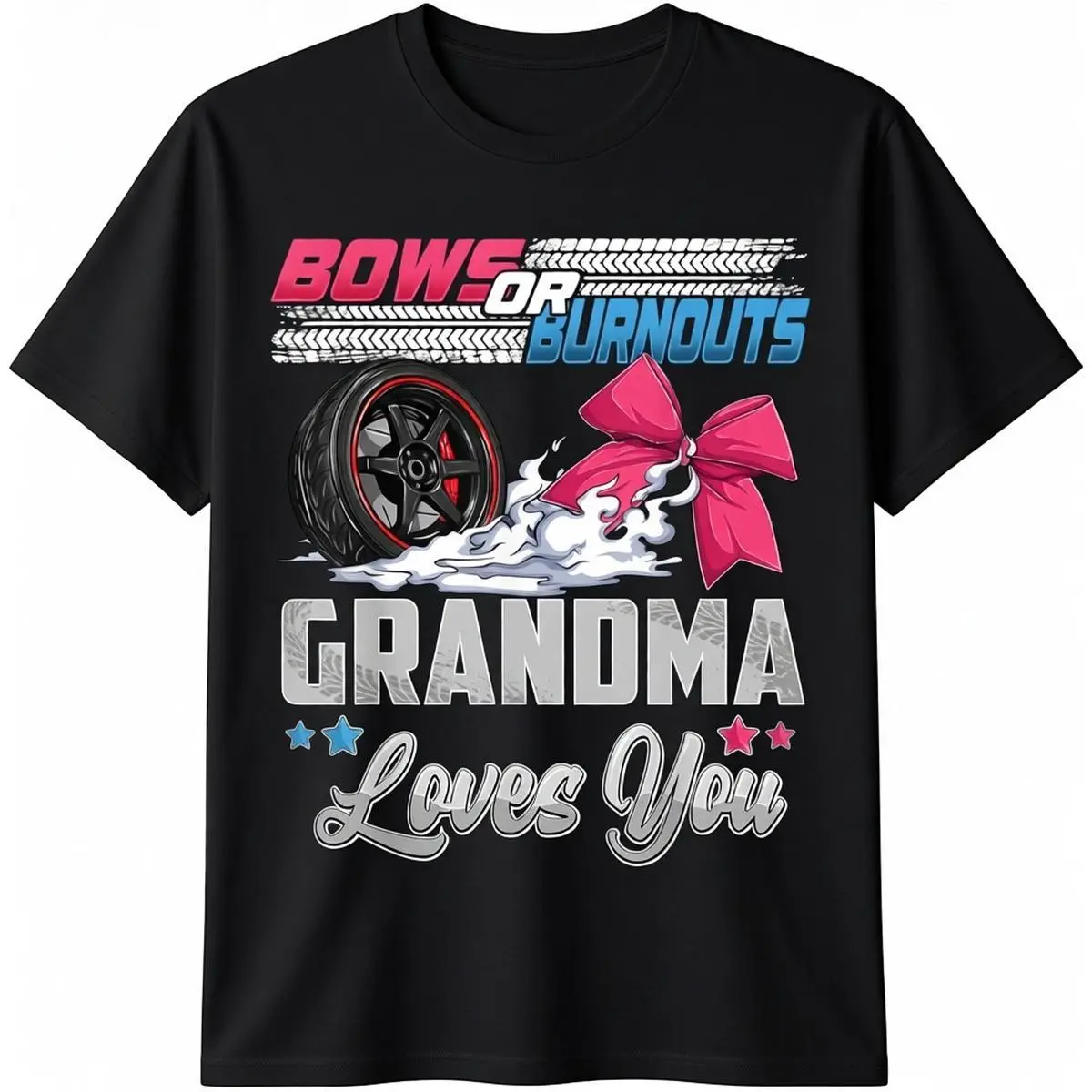 Burnouts or Bows Gender Reveal Party T-Shirt for Grandma, Casual 100% Cotton Short Sleeve Classic Fit Basic Top