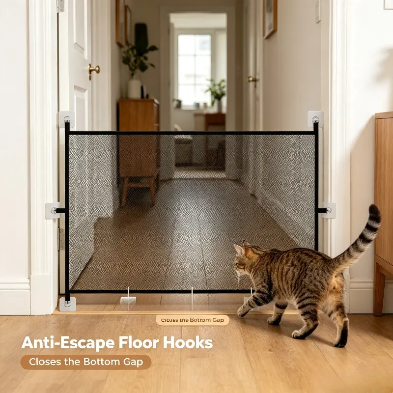 Foldable Pet Safety Mesh Barrier With Reinforced Floor Hooks, No‑Drill Hook‑On Mount, Prevent Pets Crawling Under, Pet Gate For Household Indoor Stairs And Doorways For Cats & Dogs