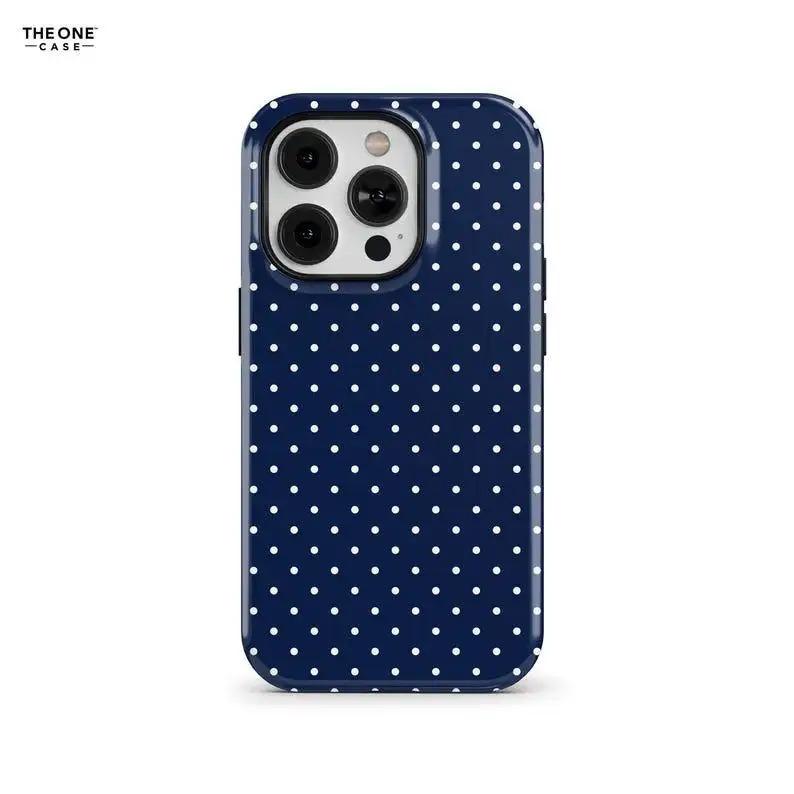Navy Blue Polka Dot Phone Case for iPhone 16 15 14 13 12 11 Pro Max, Google Pixel – Custom Case Compatible with Samsung Galaxy S25