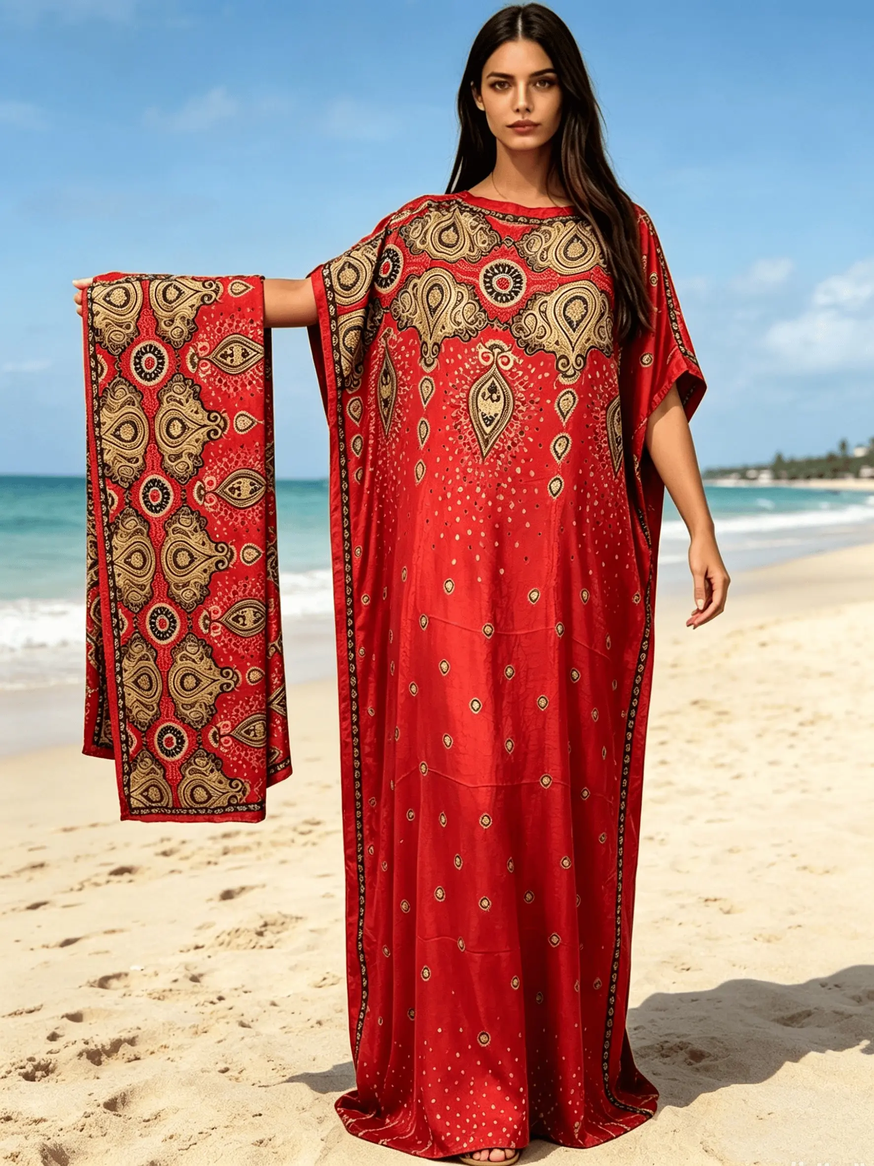 Women Oversized Red Vintage Gold Paisley Printed Caftan Maxi Dress Two Piece With Scarf, Loose Flowy Split Side Kaftan Robe, Curvy Friendly Plus Size Beach Cover Up, Soft Fabric Bohemian Resort Wear, Casual Boho Style, Summer Vacation Pool