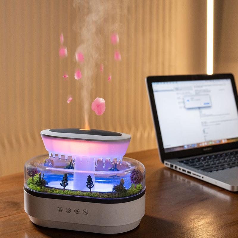 Plant Landscape Essential Oil Diffuser, Novel Night Light with 8 Color Changes, Raindrop Mist Humidifier with White Noise, Plant Raindrop Humidifier
