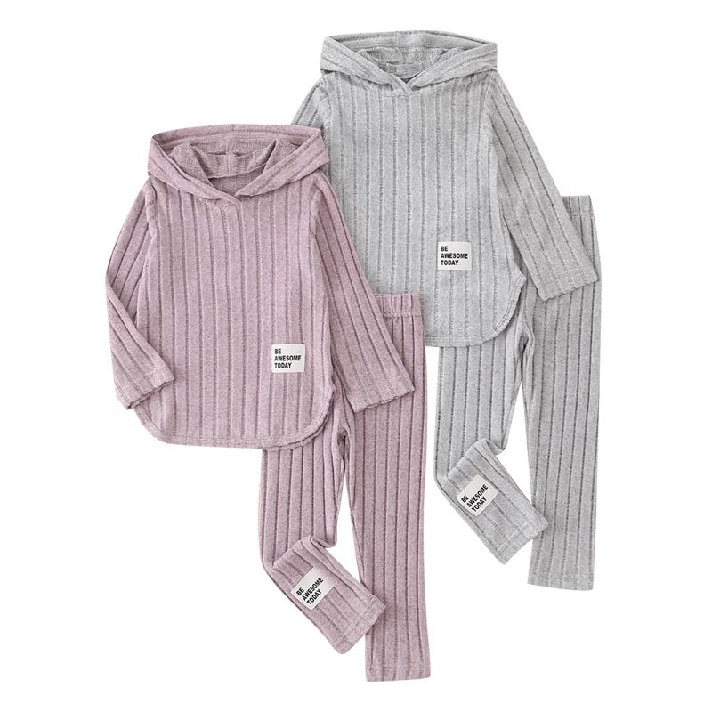 4-piece girls' autumn rib knit hooded pullover casual slim and comfortable trousers suit 3-12-year-old children's elegant skin-friendly simple knitted children's wear