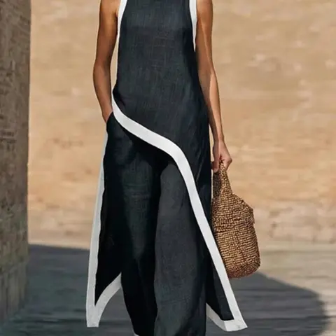 Women's Asymmetrical Elegant Loose Hooded Color-Block Sleeveless Vest Top and Long Pants 2-Piece Set Summer Sets Casual for Casual Wear
