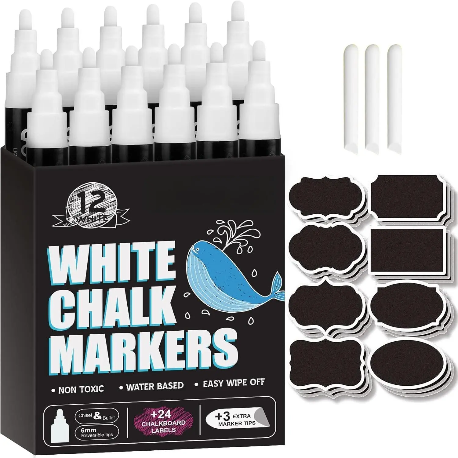 White Liquid Chalk Markers, 12 Pack Chalkboard Markers | Chalk Pens for  Windows, Signs, Blackboard, Glass Painting, Erasable 6mm Reversible Chisel &  Tip