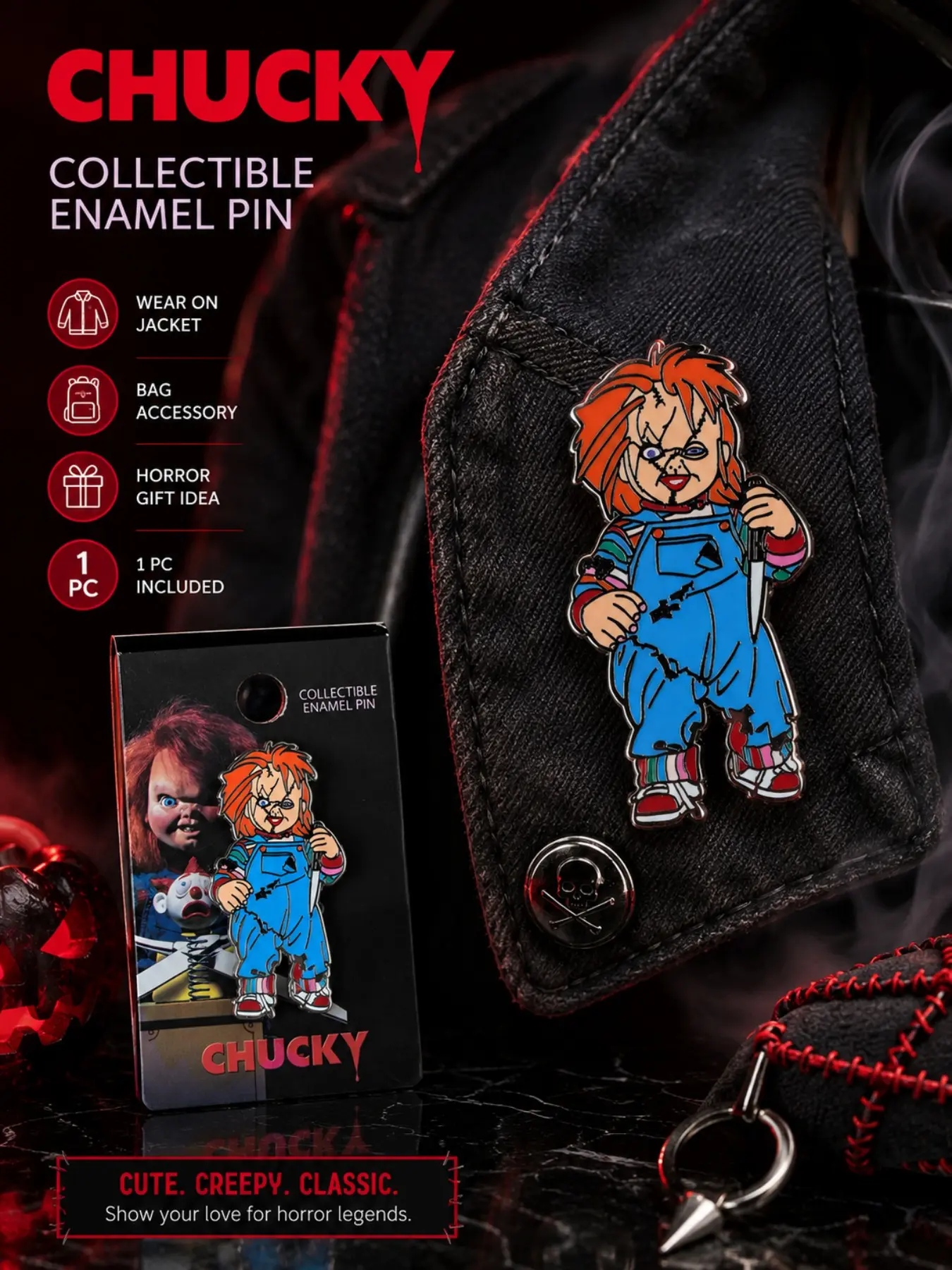 Chucky Official Enamel Pin, Horror Movie Badge, Retro Spooky Brooch, Back to School Backpack Decor, Halloween Costume Accessory, Gift for Fans