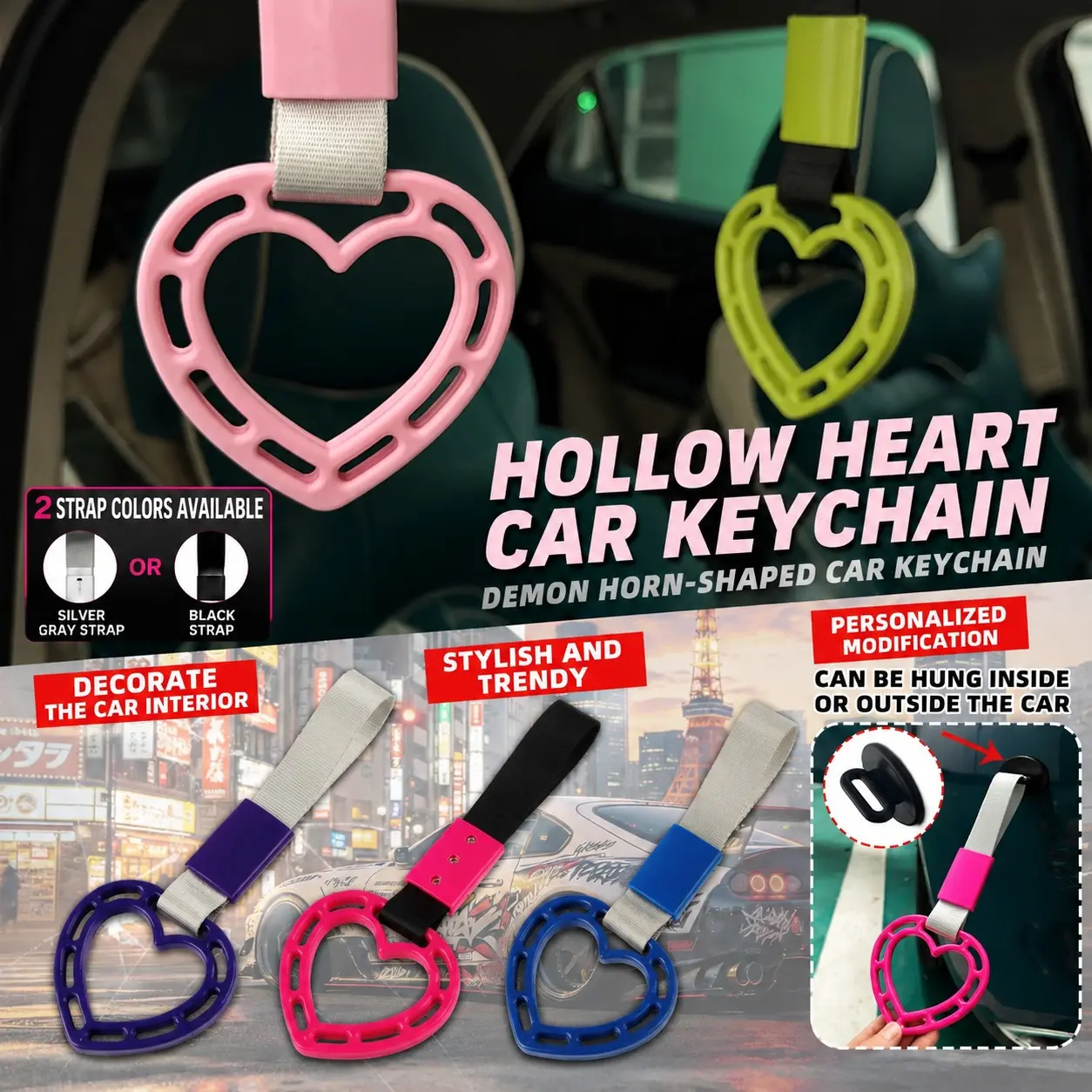 1PC Hollow Heart JDM Car Tow Ring, Japanese Style Modified Rear Bumper Warning Hanger, Personalized Interior Ornament, Car Accessories