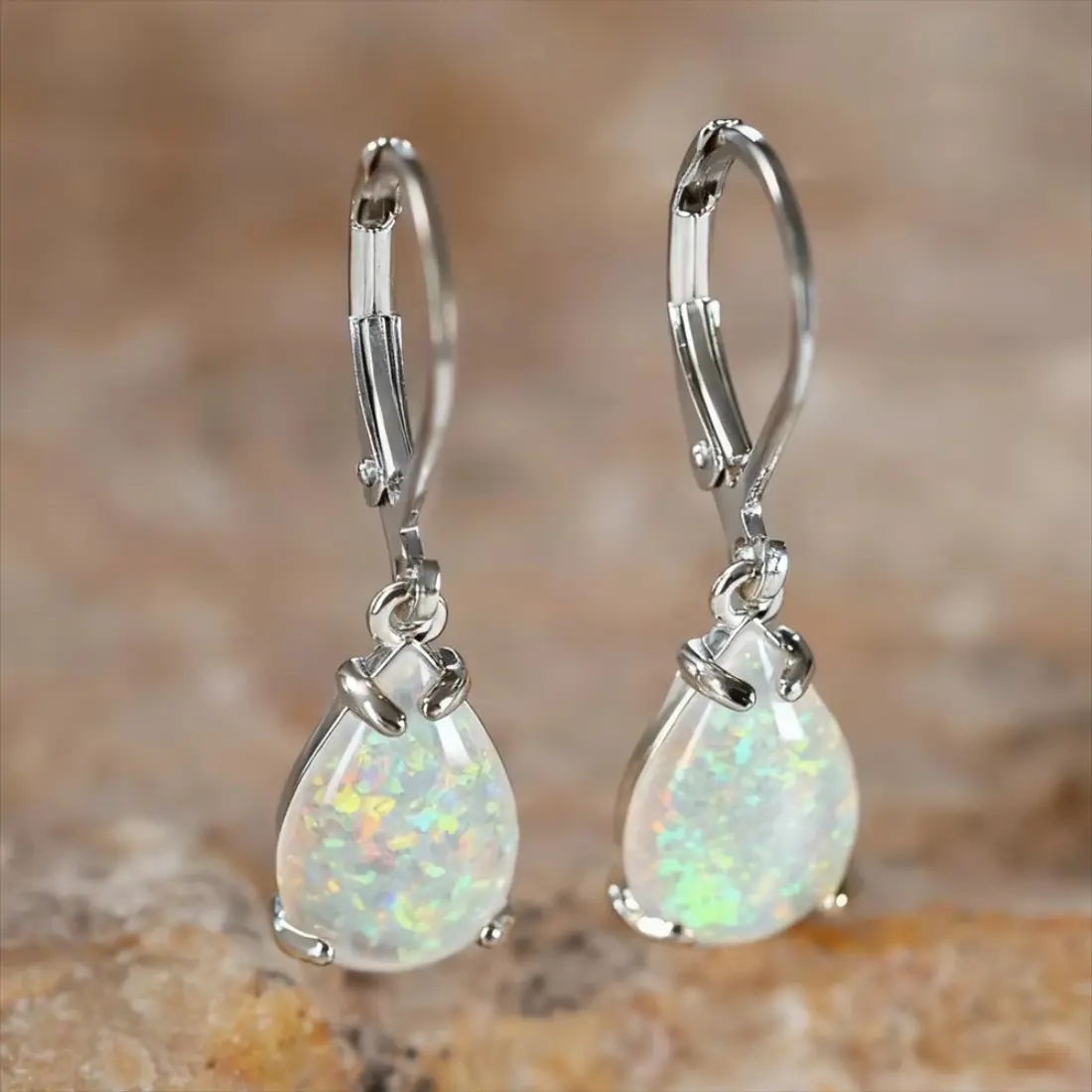 White Blue Opal Teardrop Hoop Earrings for Women, Vintage Inspired Water Drop Statement Earrings, Elegant Bridal Wedding Jewelry, Romantic Engagement Gift, Trendy Fashion Accessories for Party & Special Occasions