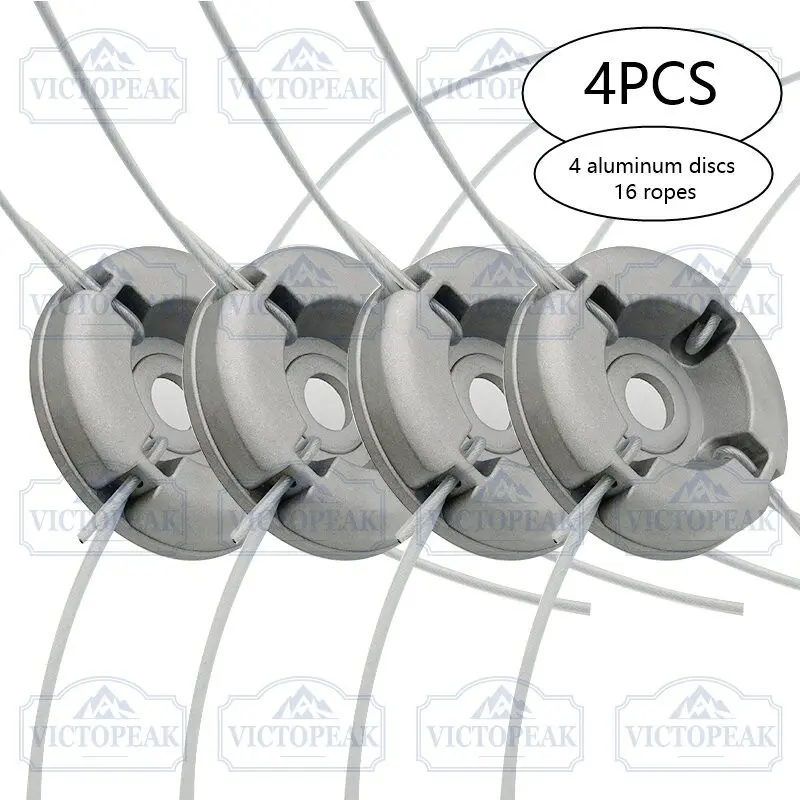 4-Pack Grass Trimmer Heads, Garden, Small Aluminum Disk, Universal Model, Includes 4 Grass Strings, Universal Brush Slicer Head with Four Trimmer Lines, 16 Steel Wire Grass-Cutting Ropes, Mower Parts