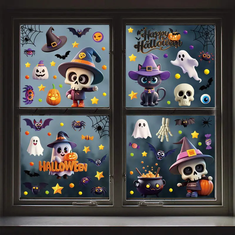 Halloween Static Window Decals - Cute Cartoon Skeleton, Cat, Spider Web, Bat, Ghost, Pumpkin Decorations for Glass, Wall, Party, Home, Office (Removable, Reusable, No Glue)