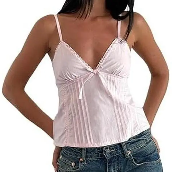 Women Y2k Babydoll Tank Tops Lace Trim V Neck Crop Cami Spaghetti Strap Peplum Top Summer Cute Aesthetic Flowy Shirts