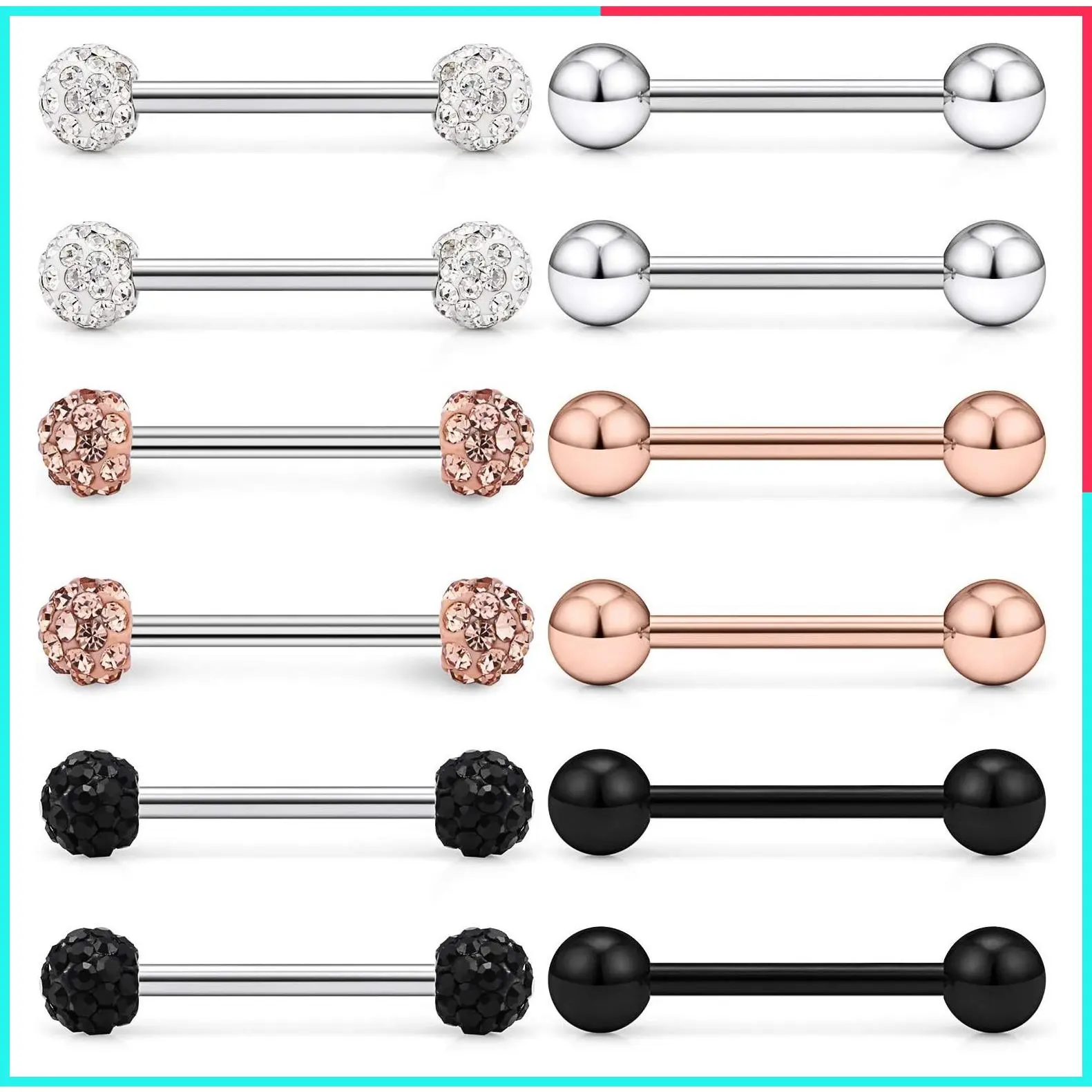12-16 Pieces 16G/14G Surgical Steel Body Piercing Jewelry Kit: Tongue Rings, Nipple Shields, Barbells, Ring Bars for Men & Women