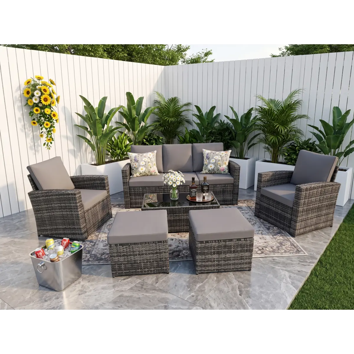 Aobtkel Handwoven Outdoor PE-Rattan Patio Furniture Set - Welded Powder Coated Aluminium Frame, Curved Back, Weather Resistant, Large Washable Cushions, Tempered Glass Top, Eco-Friendly, Assembly Required for Backyard, Deck