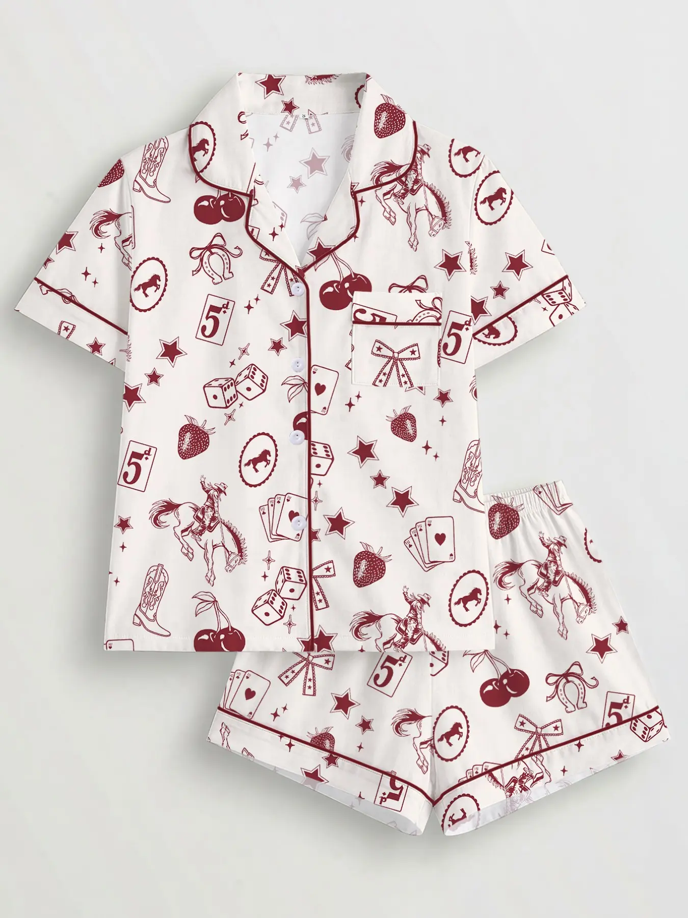 Women's Vintage Western Style Pajama Set, Short Sleeve Button Front Top & Elastic Shorts, Casual All-Season Sleepwear, Comfortable Home