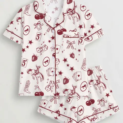 Women's Vintage Western Style Pajama Set, Short Sleeve Button Front Top & Elastic Shorts, Casual All-Season Sleepwear, Comfortable Home Loungewear