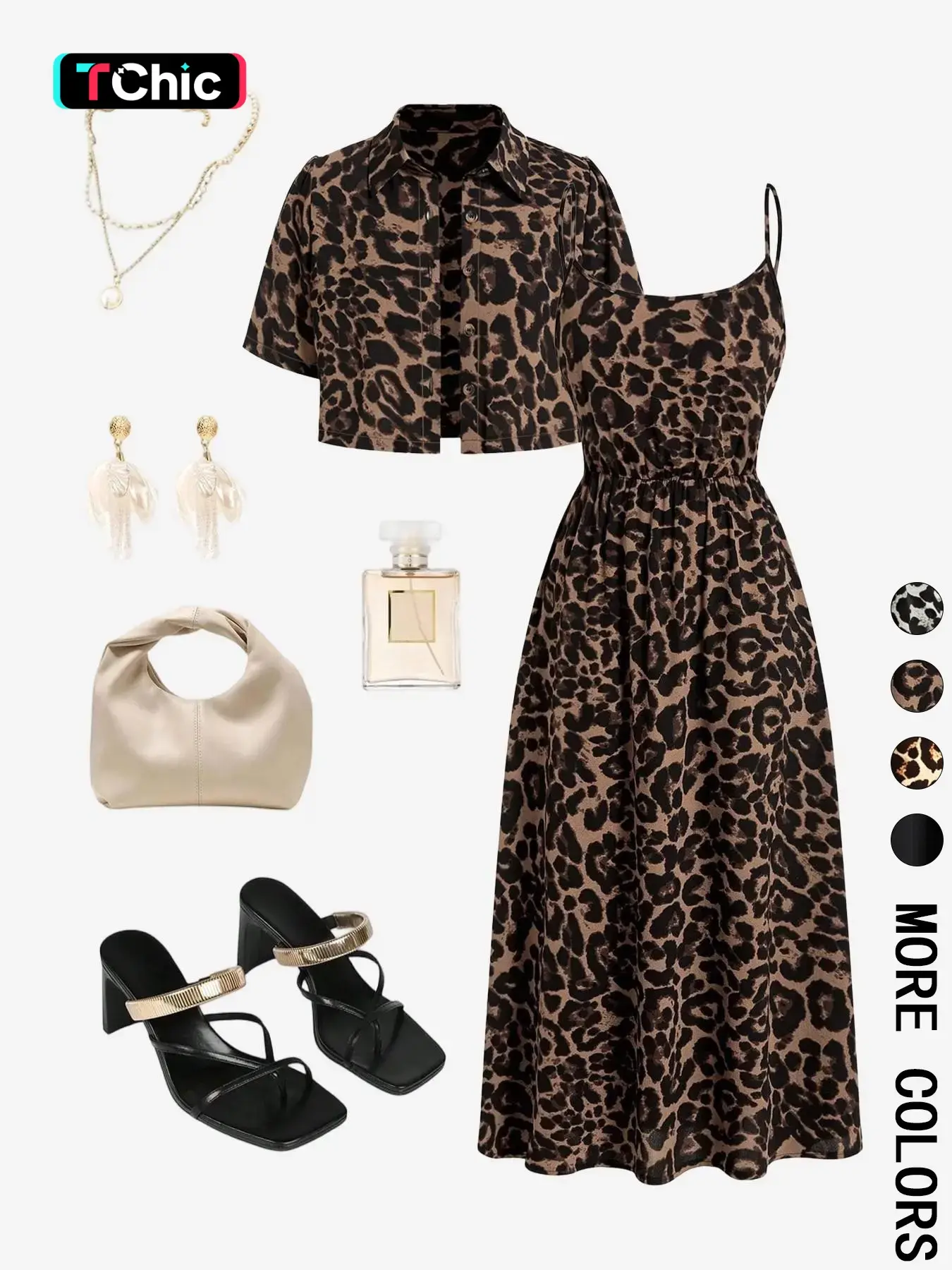 Women's Leopard Print Two-Piece Set, Adjustable Spaghetti Strap Cinched-Waist Midi Dress & Collared Short Sleeve Cropped Shirt, Boho Casual Style for Vacation, Date & Streetwear