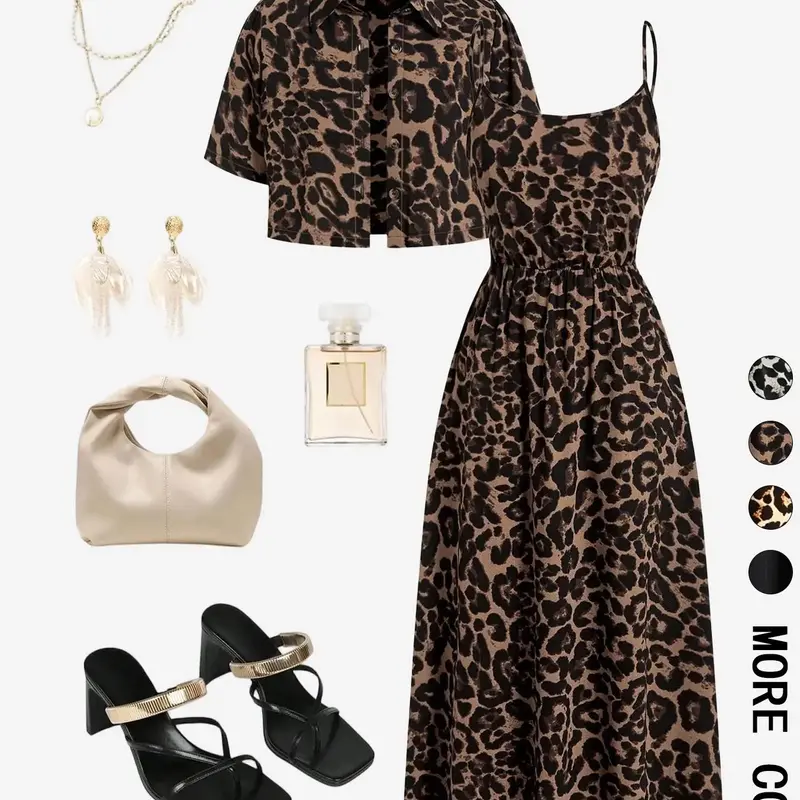 Women's Leopard Print Two-Piece Set, Adjustable Spaghetti Strap Cinched-Waist Midi Dress & Collared Short Sleeve Cropped Shirt, Boho Casual Style for Vacation, Date & Streetwear, Boho Summer Dress