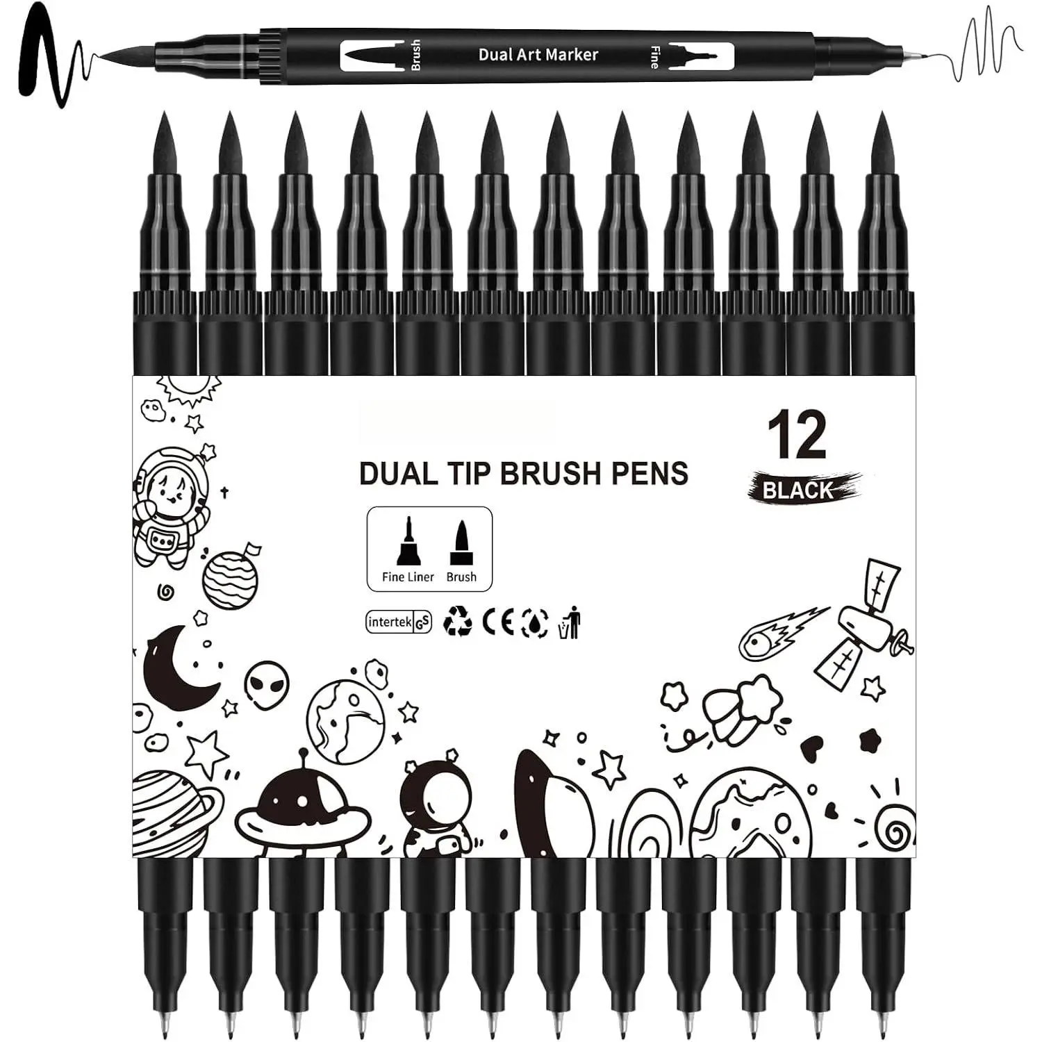 Black Drawing Pens, 12 Pack  Tip Brush Pens - Fine Liner & Brush Markers for Sketching, Calligraphy, Journaling - Water-Based, Quick-Drying Ink - Ideal for Artists, Adults &
