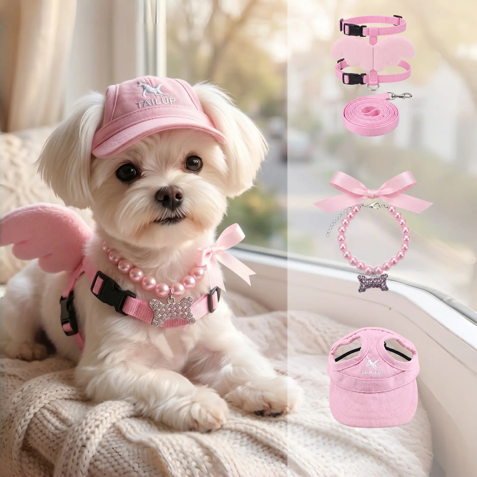 S Size Pink Angel 3-Piece Set – Wings Harness + Sun Hat + Pearl Collar for Teacup Dogs 2-5 lbs – H-Shape Breathable – Wedding, Walk, Photoshoot – Viral TikTok