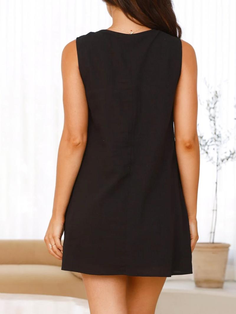 Women's Plain Tie Front Dress, Casual Sleeveless Linen Dress for Summer, Ladies Clothes for Daily Wear