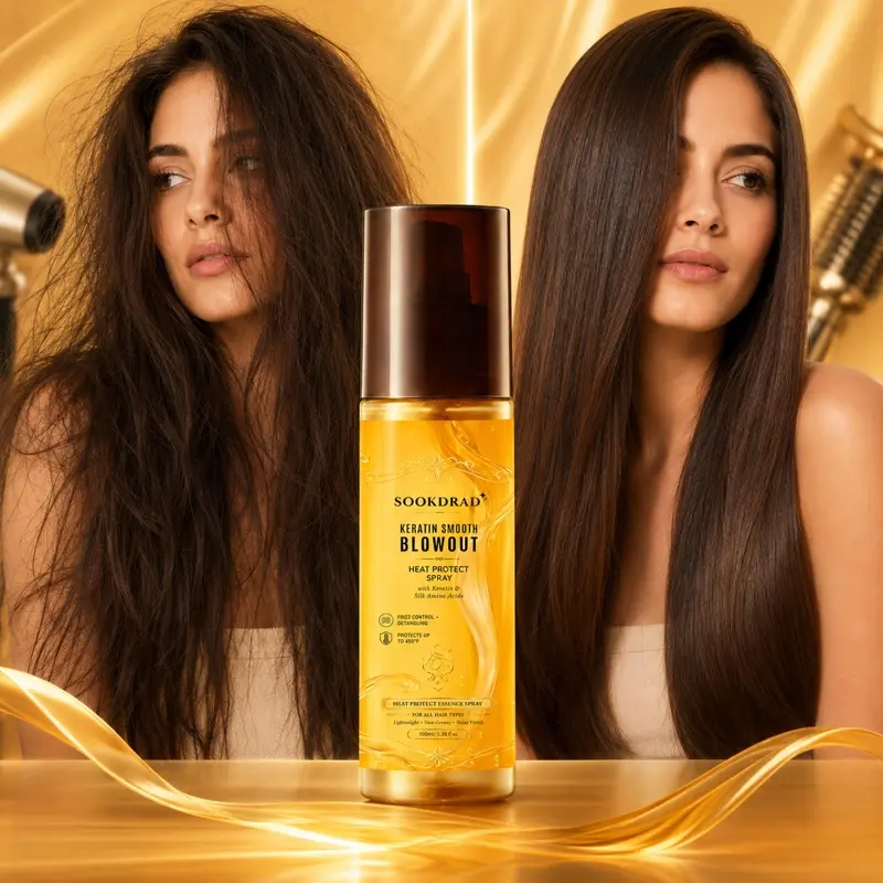 Keratin Smooth Blowout Heat Protect Spray, with Keratin and Silk Amino Acids, frizz control, detangling, heat protection up to 450°F, lightweight, non-greasy, shine finish, for all hair types, hair