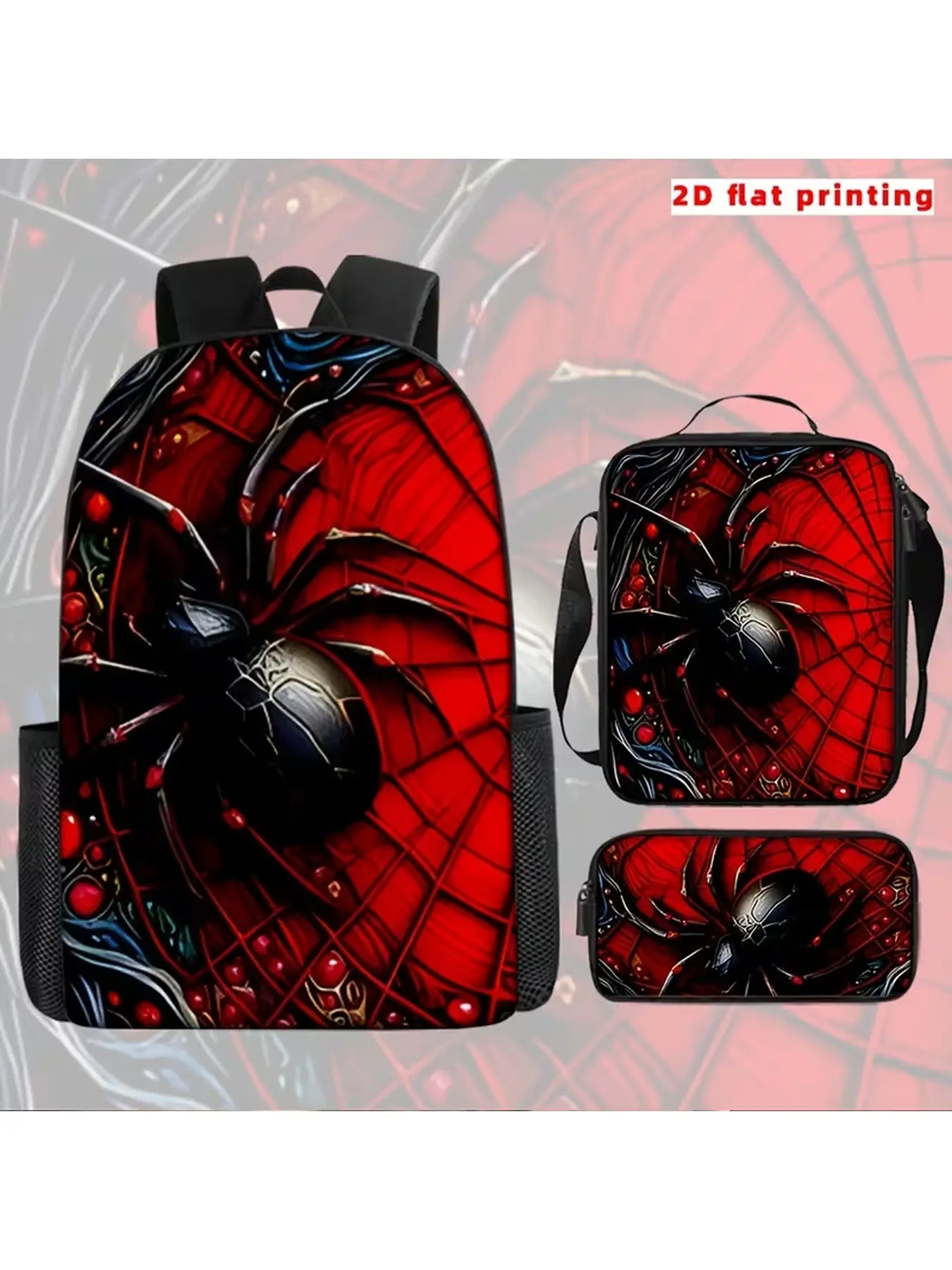 3Pcs Backpack Set, Red Spider & Web Graphic School Backpack with Lunch Bag & Pencil Case, Back to School Gift, Christmas Holiday Gift for Kids Teens Boys, Large Capacity Student Bookbag