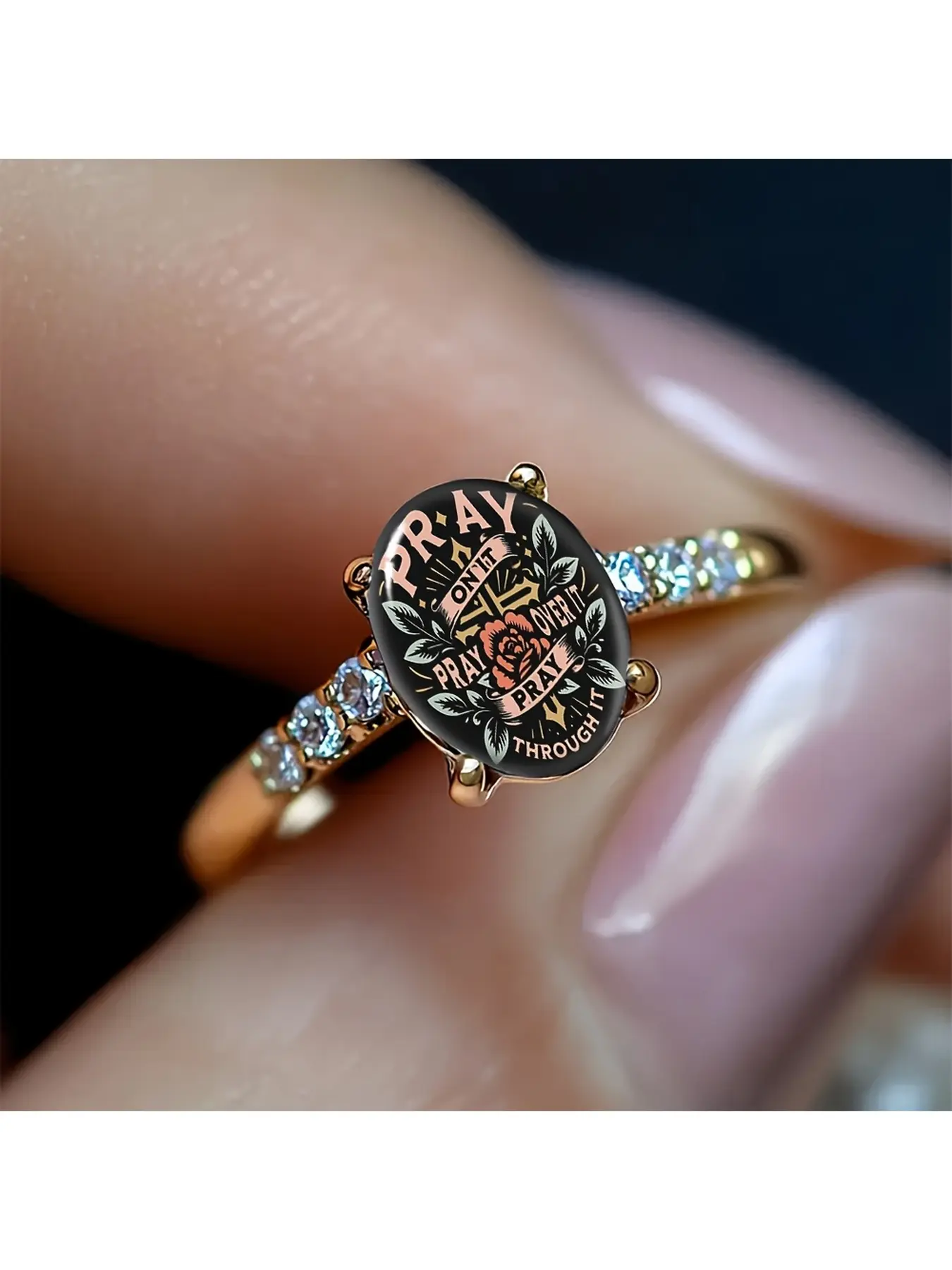 Christian faith-themed oval rose gold ring, Elegant ring, with a black background featuring a cross, rose flower patterns, and the inscription "Pray on it, pray over it, pray through it", symbolizing reliance on prayer. Retro American-style patterns