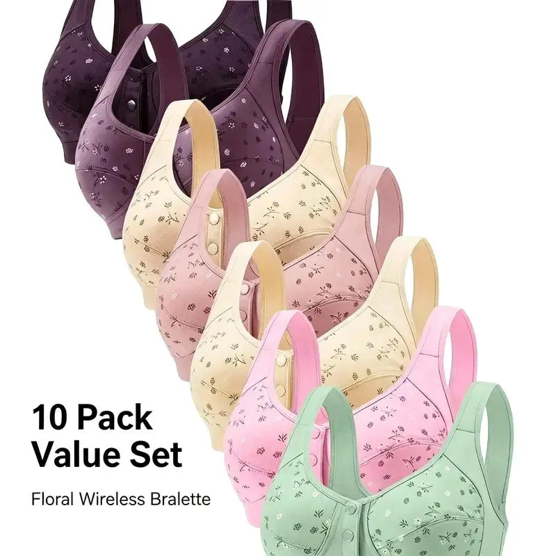 7/10 Pack Women Floral Front Closure Wireless Bralette, Ultra Soft Lightweight Snap Button No Underwire Bra, Gentle Light Support Seamless Lingerie, Breathable All Season Comfort Bra, Everyday Underwear for Daily Wear & Home Lounging