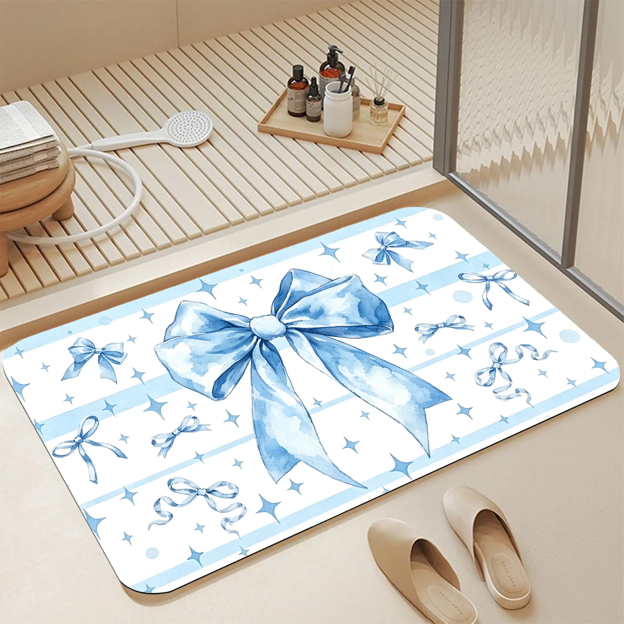 16*24" Soft Watercolor Blue Coquette Bow Star Sparkle Striped Diatomite Bath Mat |   Instant Dry Non Slip Cute Pastel Ribbon Bow Glitter Star Horizontal Stripe Print Diatomaceous Earth Bath Mat Fast Absorbent Feminine Romantic Baby Blue Bow Coquette Diato