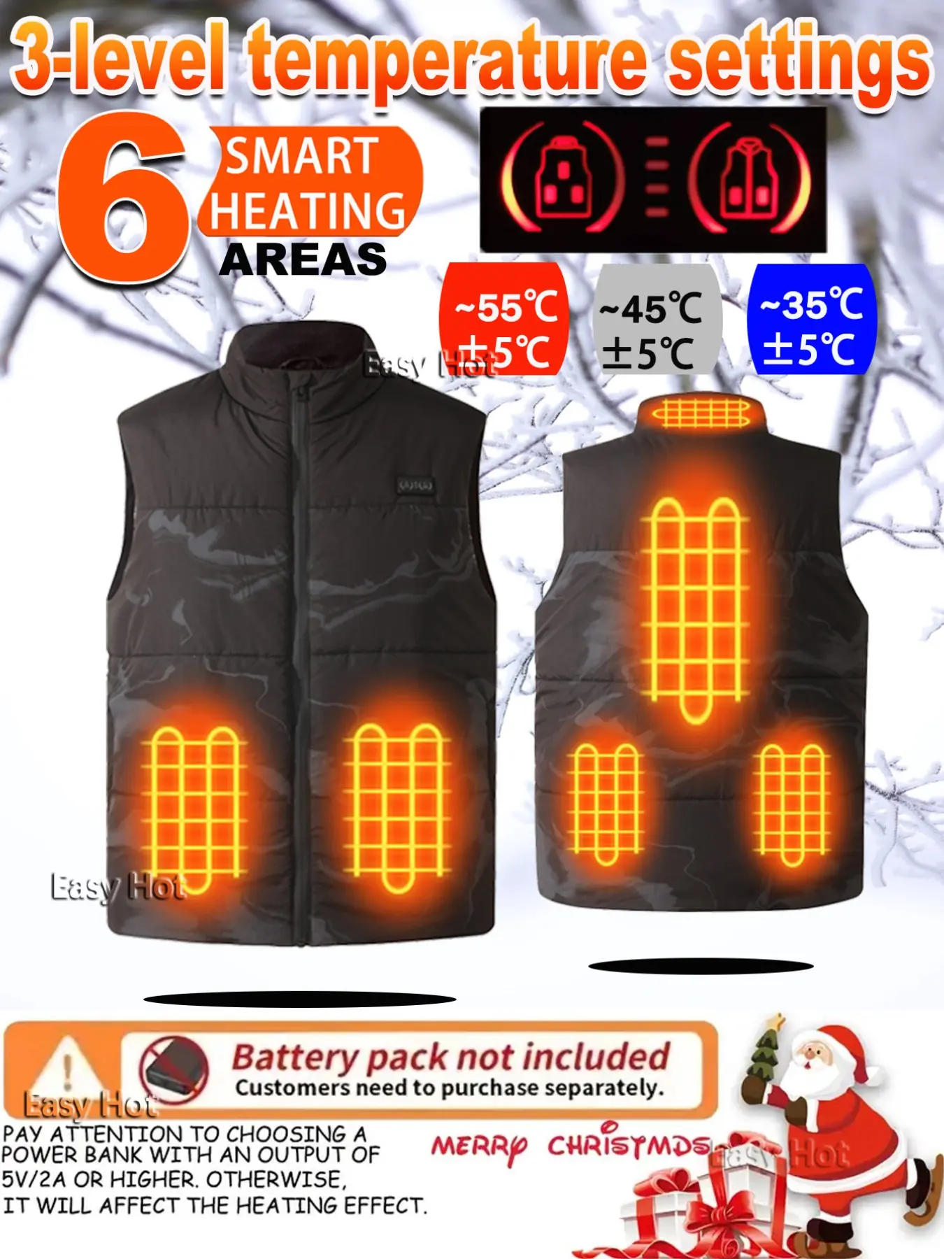 Autumn Winter Heating Vest, 6-Zone Heated Jacket, Neck Back Abdomen Warmth, Zipper Design, Large Pockets, Outdoor Skiing Cycling Fishing