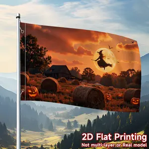 Halloween Witch Flag - Spooky Banner with Witch on Broomstick, Harvest Farm & Glowing Pumpkins, 2×3ft & 3×5ft, for Yard, Party & Outdoor Decor