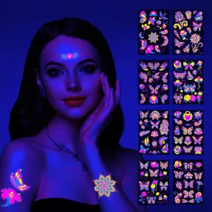 Non-Toxic Skin-Safe UV Reactive Glow-in-the-Dark Butterfly Temporary Tattoo Stickers, Waterproof Face & Body Decor Tattoos for Music Festivals, Raves & Night Parties
