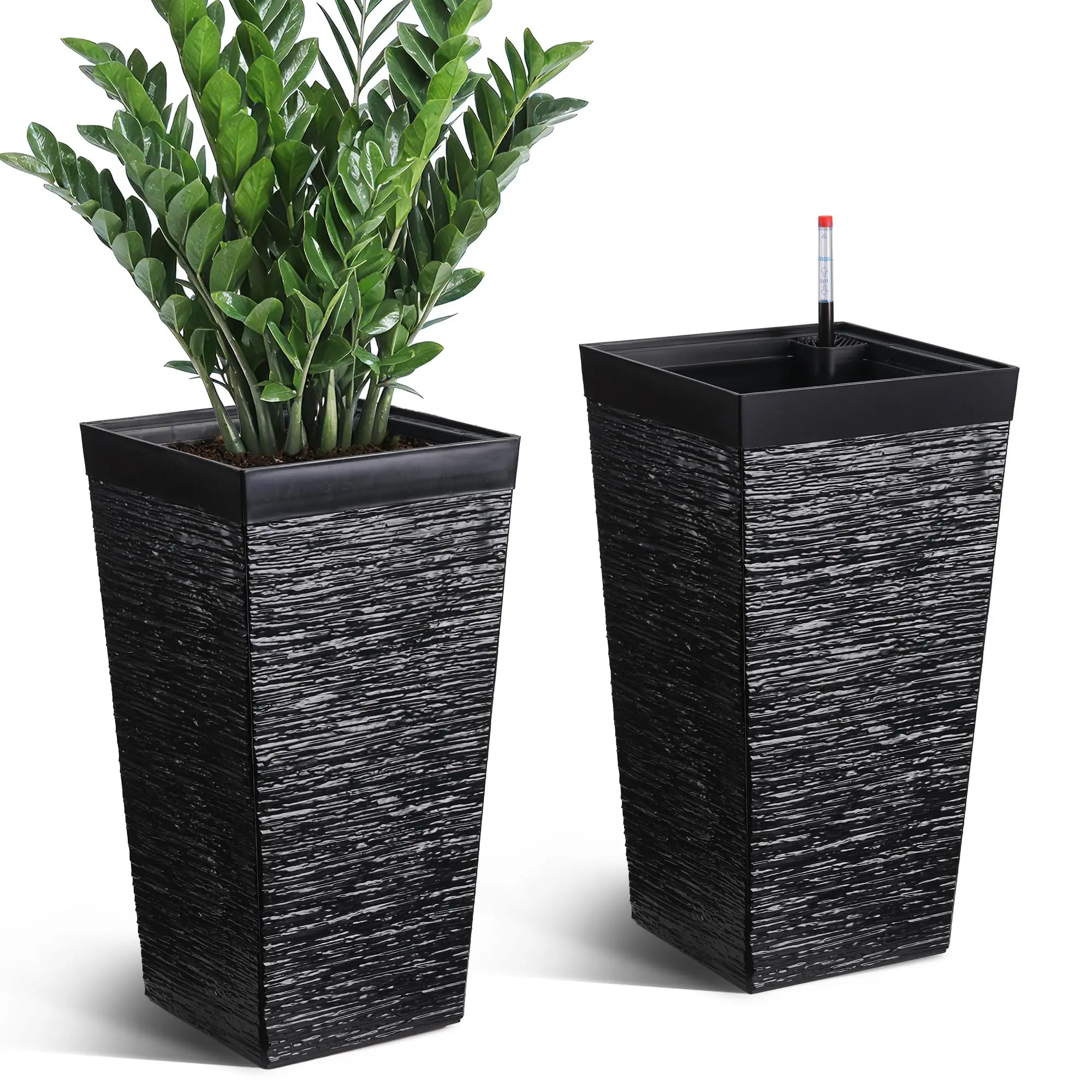 Garvee Tall Self-Watering Planters Set of 2, 22.5 in Large Indoor/Outdoor Planter Pots - Water Level Gauge - Drainage Holes & Removable Tray - For Patio & Front Porch - Black/White