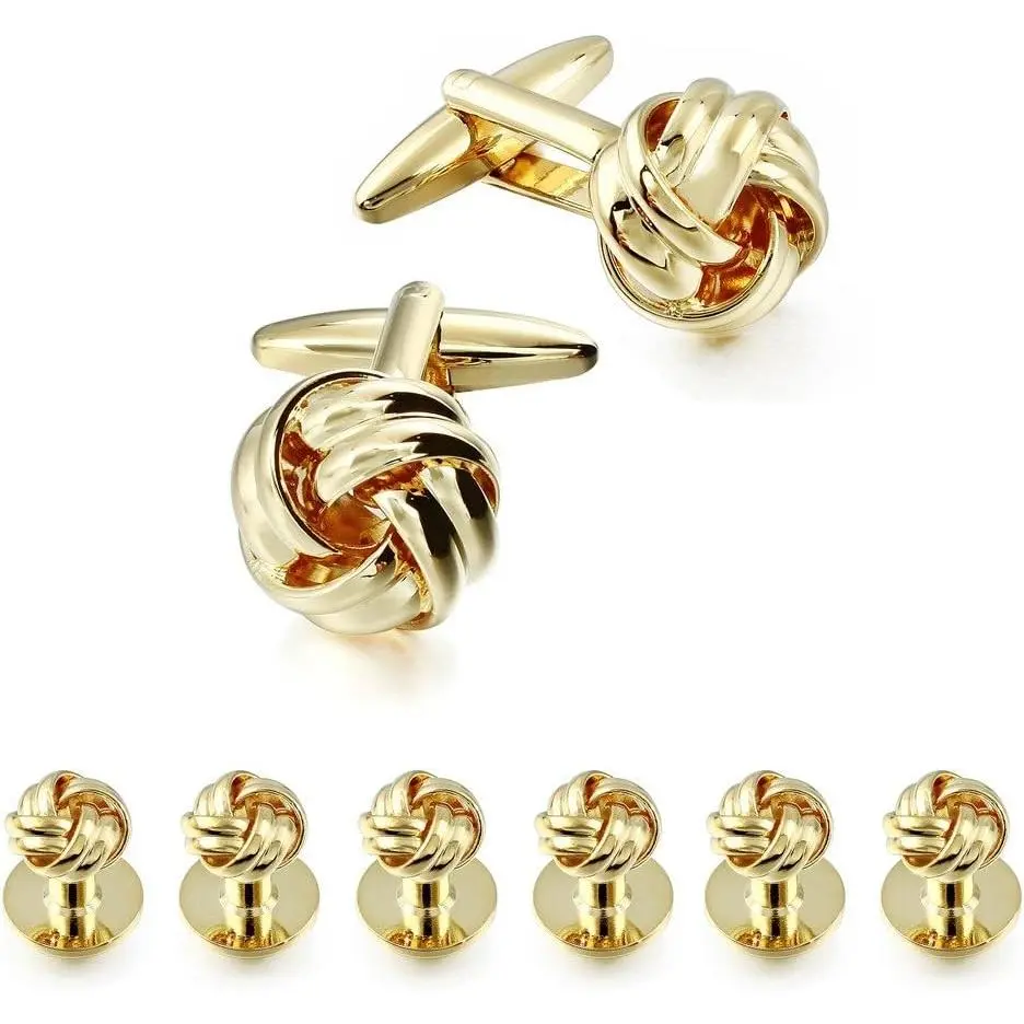 Men's Knot Cufflinks and Shirt Studs Set in Gold or Silver Tone, Matching White and Black Tuxedo for Weddings and Formal OccasionsGift
