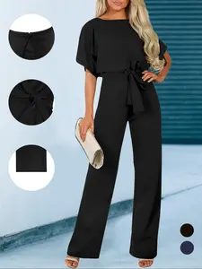 Women's Plain Cut Out Tie Front Batwing Sleeve Fitted Fabric Jumpsuit, Casual Simple Minimalist Short Sleeve Straight Leg Jumpsuit for Summer, Chic Fashion Style Women's Jumpsuit for Daily Wear, Womenswear