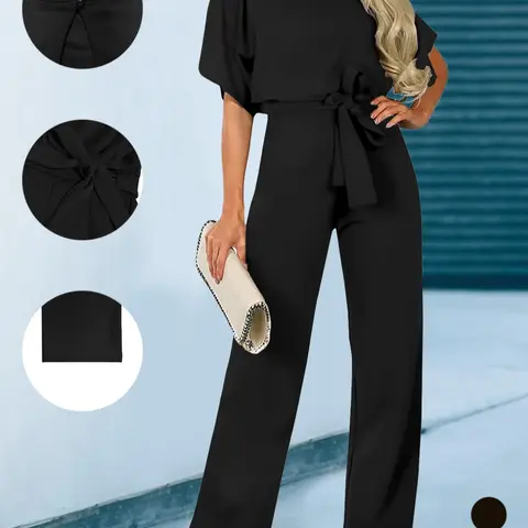 Women's Plain Cut Out Tie Front Batwing Sleeve Fitted Fabric Jumpsuit, Casual Simple Minimalist Short Sleeve Straight Leg Jumpsuit for Summer, Chic Fashion Style Women's Jumpsuit for Daily Wear, Casual Jumpsuits, Womenswear