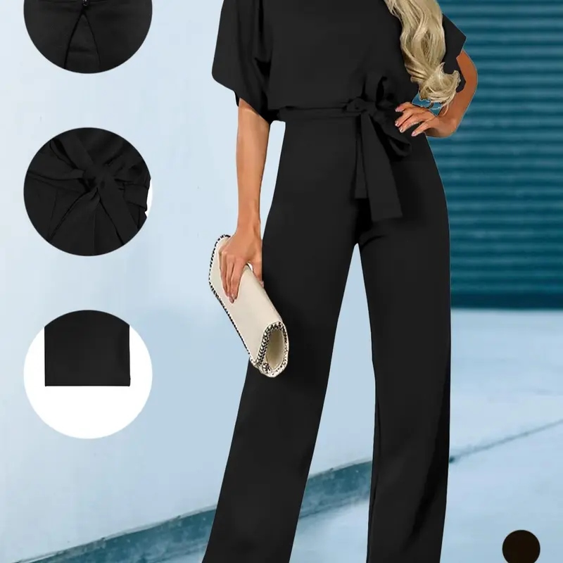 Women's Plain Cut Out Tie Front Batwing Sleeve Fitted Fabric Jumpsuit, Casual Simple Minimalist Short Sleeve Straight Leg Jumpsuit for Summer, Chic Fashion Style Women's Jumpsuit for Daily Wear, Casual Jumpsuits, Womenswear