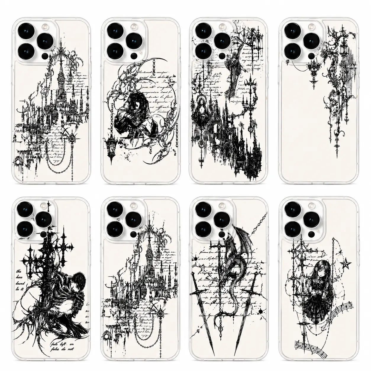 Dark Gothic Phone Case for iPhone 17 16 15 14 13 Pro Max, Anime Angel Castle Cross Grunge Art, Clear Protective Aesthetic TPU Cover for Women Girls