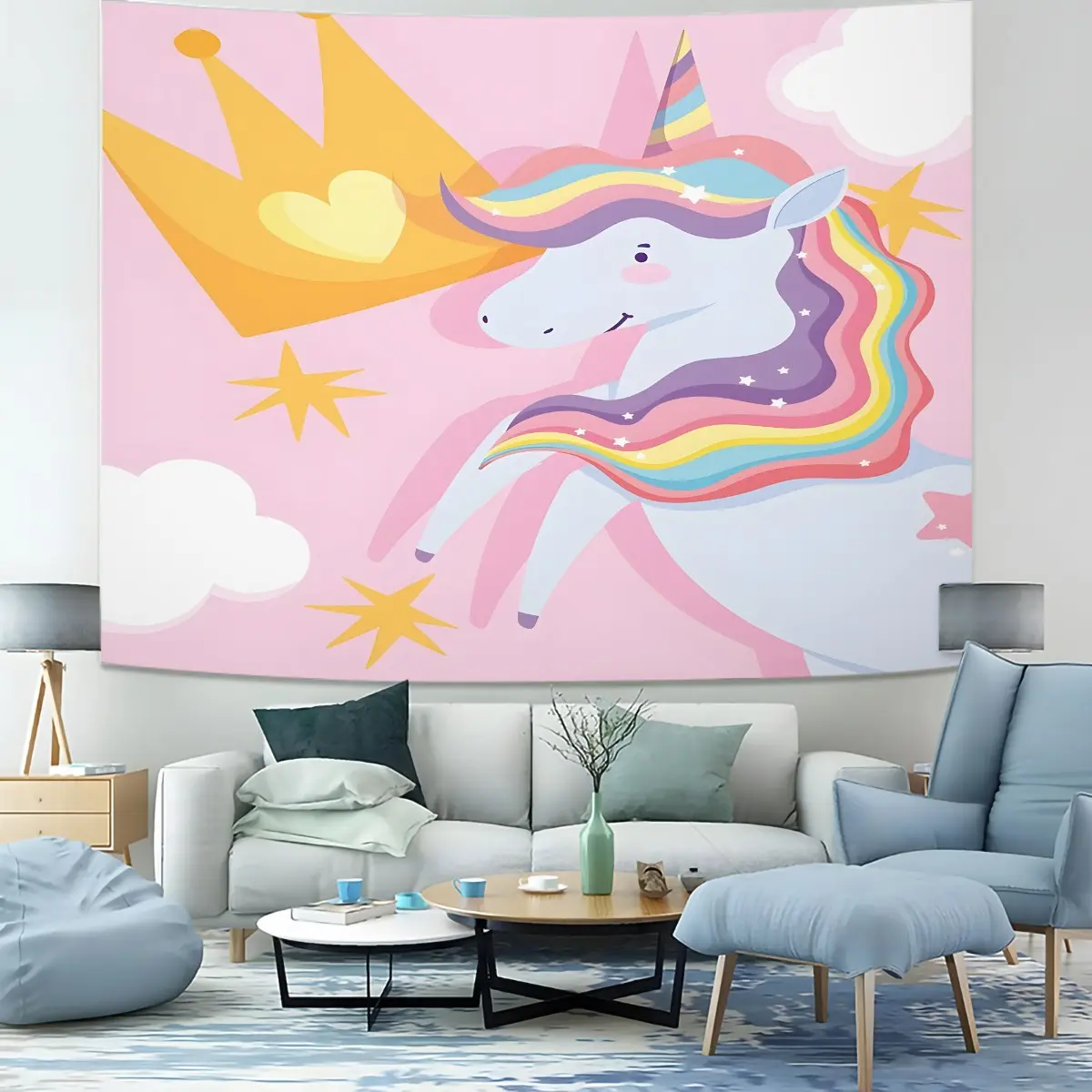 Cartoon Dreamy Unicorn Crown Heart Print Wall Tapestry, Photo Booth Backdrop for Party, Decor for Living Room & Bedroom, Back to School, Multiple Colors Available, Great Gift