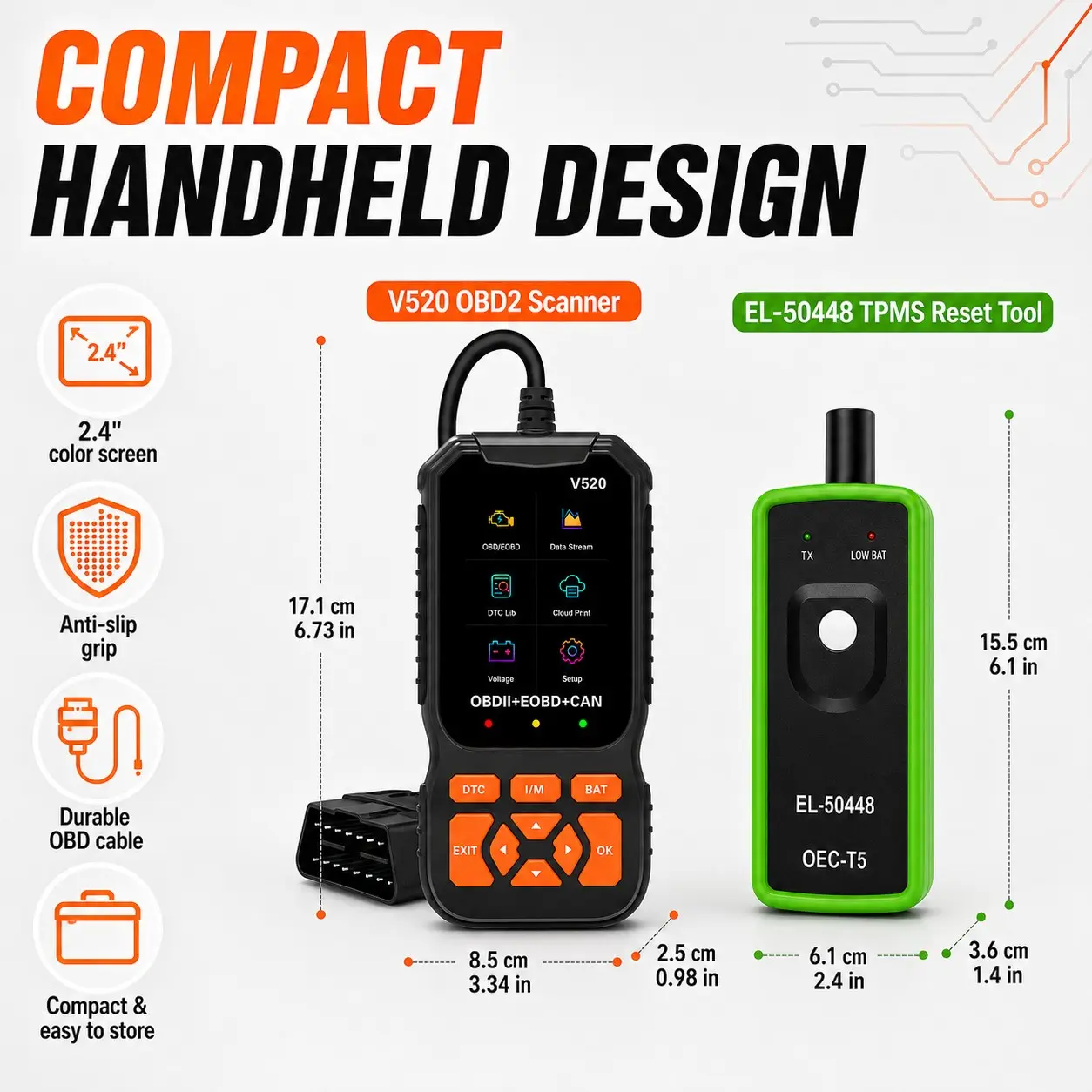 2-In-1 Car Diagnostic Kit, V520 Obd2 Scanner, Tpms Reset Tool, Engine Fault Code Reader, Live Data, Dtc Library, Battery Voltage Check