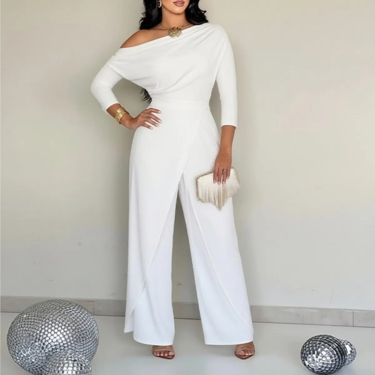 Women Elegant Off Shoulder Draped White Jumpsuit 3/4 Sleeve High Waist Solid Wide Leg Pants Formal Wedding Guest Evening Party Outfit,Womenswear