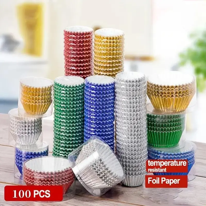 100pcs Foil Cupcake Liners Muffin Liner Muffin Wrappers Food Grade & Grease-Proof Paper Baking Cups