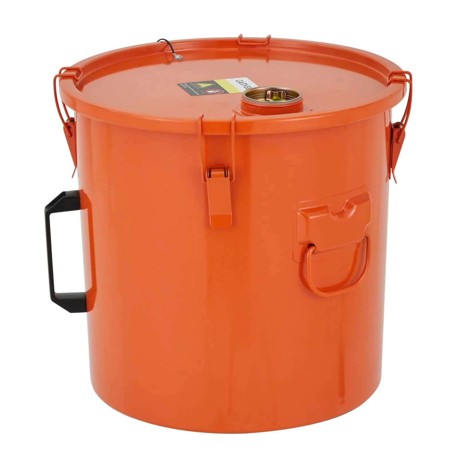 10-Gallon Steel Fryer Grease Bucket with Top Pour Opening, Orange, Includes Nylon Filter Bag, Locking Lid, and Lifting Rings