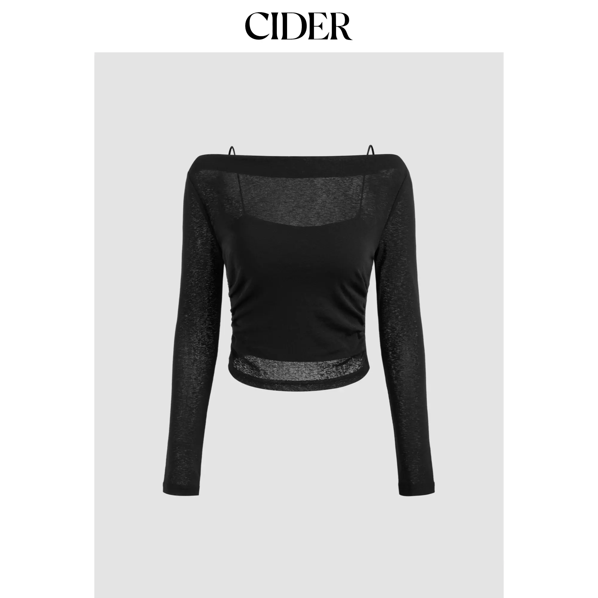 Cider [size 2-10] Boat Neckline Solid Ruched See-Through Long Sleeve Tee & Solid Cami Top