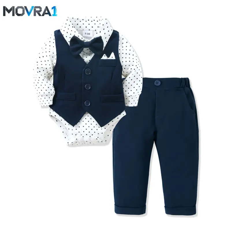 MOVRA1 Baby Boy 4-Piece Fitted Formal Cotton Elastane Gentleman Gift Set (0-3, 3-24 Months) - Polka Dot V-Neck Long Sleeve Dress Shirt, Button Vest, Removable Bow Tie, Pants for All-Season Party, Baptism, Polka Dot Set, All-Season Wear