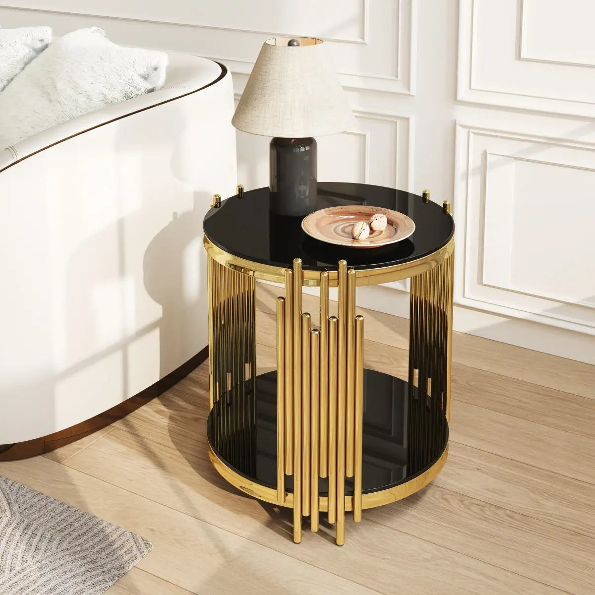 19.7" Round Glass End Table Bedside Table , 2-Tier Glod Side Table with Stainless Steel Legs and Black Tempered Glass, Modern Luxury End Table for Living Room Home Office