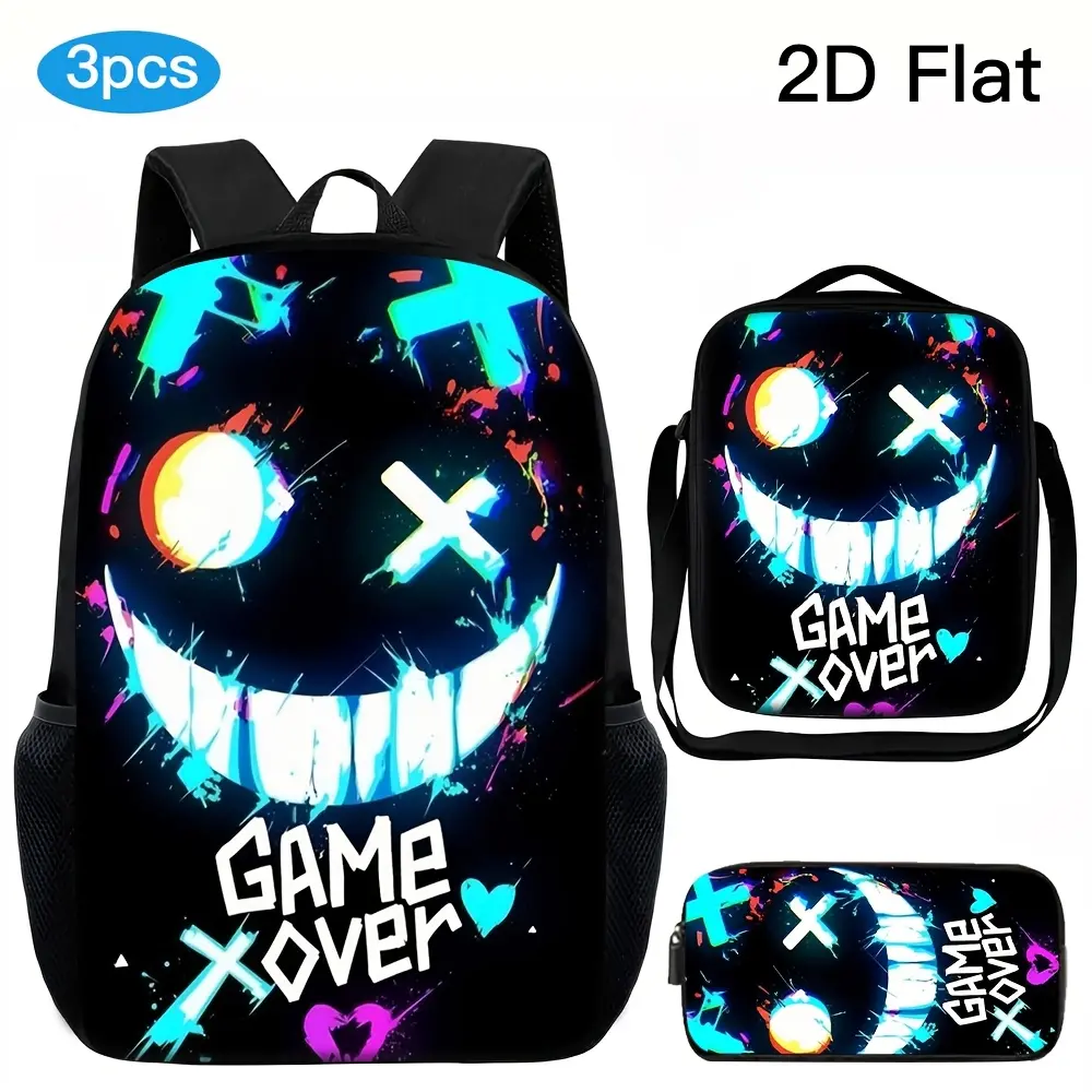 3pcs Unisex Large Capacity Backpack Set, Trendy Cyberpunk Glitch Style 2D Print Pattern, Adjustable Shoulder Straps, Zipper Closure, Set Includes Backpack, Body Bag And Pencil Case, Back-To-School, School, Camping, Travel, Outdoor Play Essentials