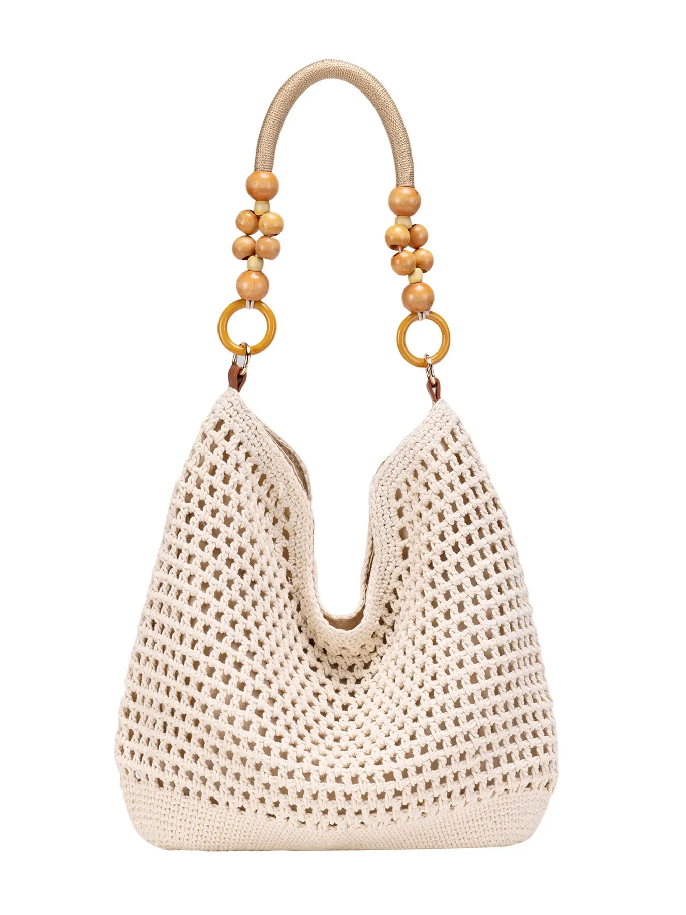 Crochet Tote Bag for Women, Casual Everyday Bag, Lightweight Summer Mesh Beach Knit Boho Shoulder Bag for Travel Vacation. The Shoulder Strap Connection Has Two Natural Wood Beads, Handwoven Beach Purse with Cutout Design, Beaded Tote
