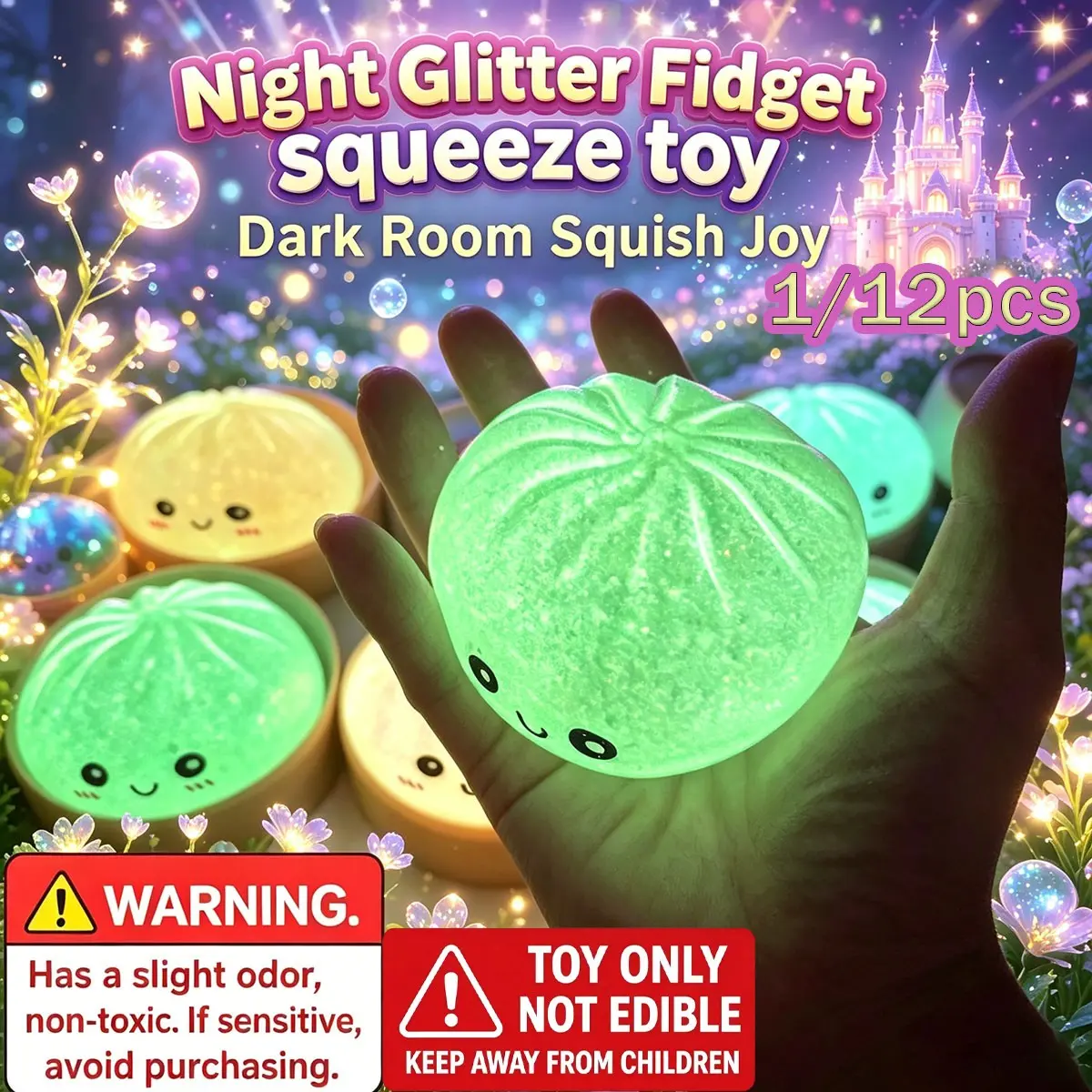 12pcs Glow-in-the-Dark Dumpling Squishy Mystery Box, Colorful Stress Relief Squeeze Balls, Fidget Sensory Toy Set