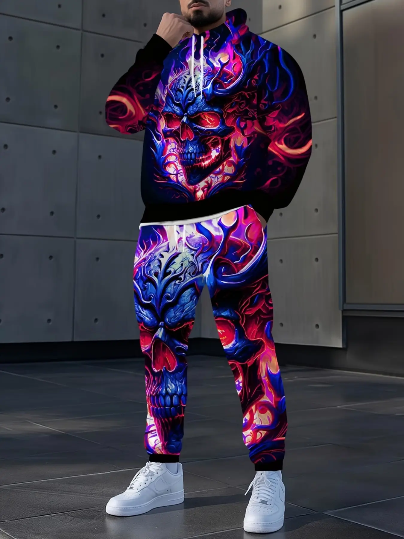 Colorful Skull Full-Body Digital Print Hoodie Set, Casual Long Sleeve Pullover + Drawstring Pants, All Seasons Fitted Clothes